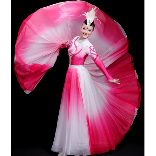 Women Blue red pink gradient Flamenco Dance Dress Choir Singers Stage Performance Costumes Paso Double Bull dance Skirts Chinese folk Dance Dresses